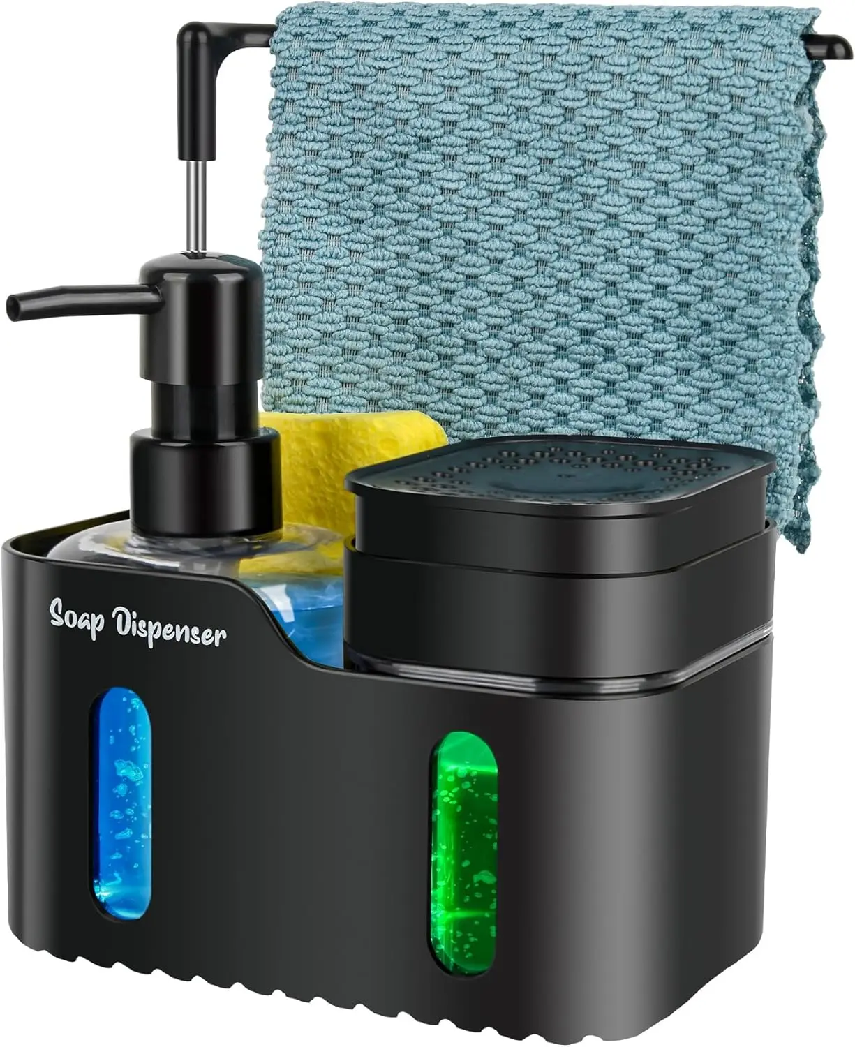 Kitchen sink countertop soap dispenser set for hand washing and dishwashing, 4-in-1 with sponge rack and towel rack, practical kitchen gadget