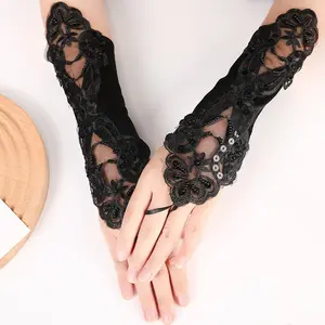 Long Rhinestone Lace Fingerless Wedding Gloves with Ring Design, Elegant Hollow Out Bridal Evening Prom Costume Gloves, Comfortable Cuff Formal Party Accessories for Women