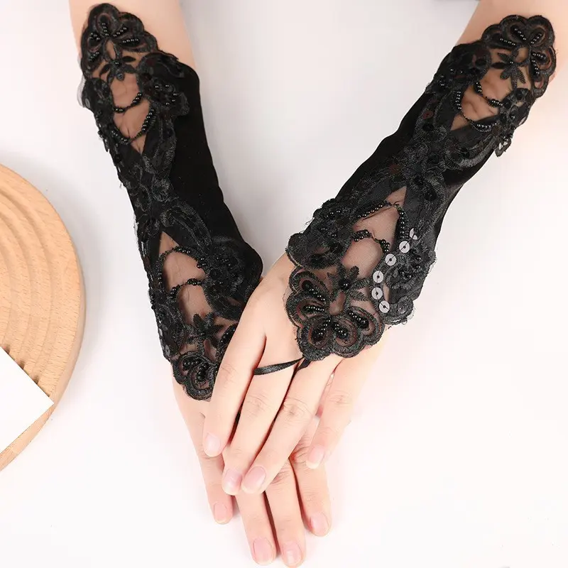 Long Rhinestone Lace Fingerless Wedding Gloves with Ring Design, Elegant Hollow Out Bridal Evening Prom Costume Gloves, Comfortable Cuff Formal Party Accessories for Women