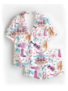 Women’s Colorful Cowgirl Satin Pajamas Set For Women, White Color, US Size S-5XL