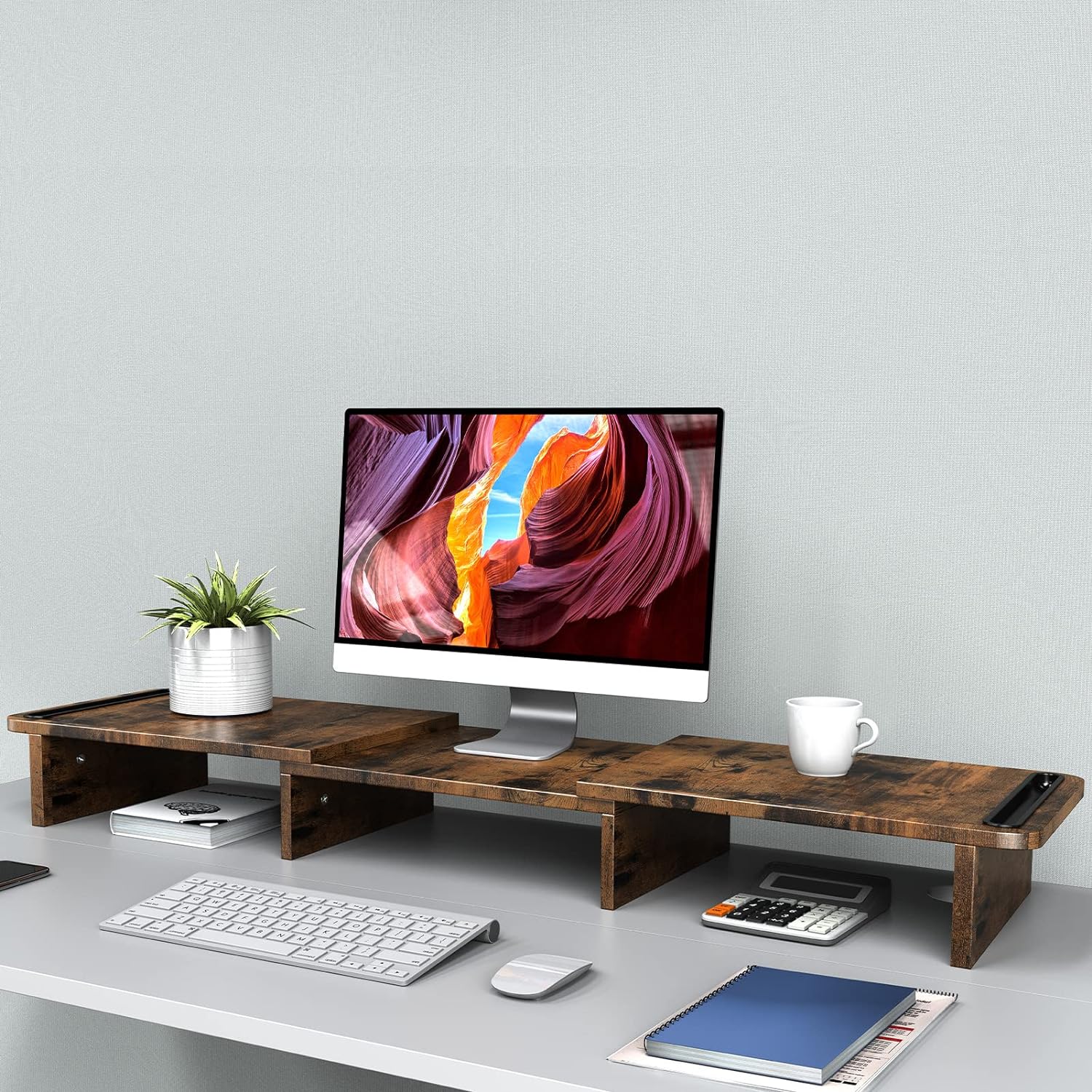 Wooden Dual Monitor Stand Riser with Adjustable Length and Angle for Desk Storage Space Rust Brown Ergonomic Home Office