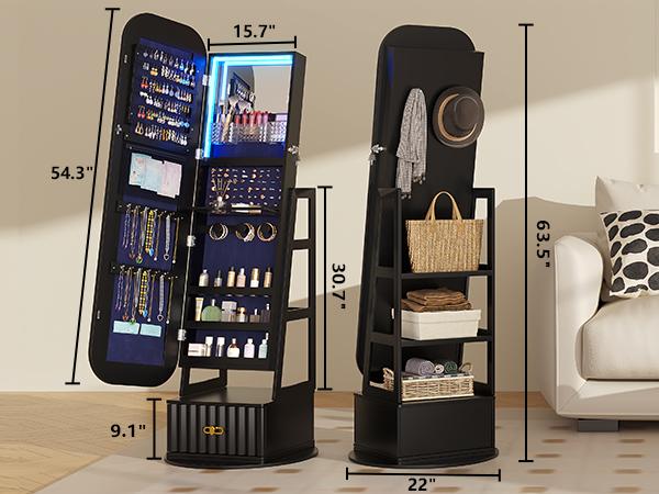 Miuvanity Round-Corner Design Full-Length Mirror with 360° Swivel & LED-Lit Features, Bottom Drawer Storage, Lockable Design living room decor Miuvanity Round-Corner Design Full-Length Mirror with 360° Swivel & LED-Lit Features, Bottom Drawer Storage, Lockable Design living room decor