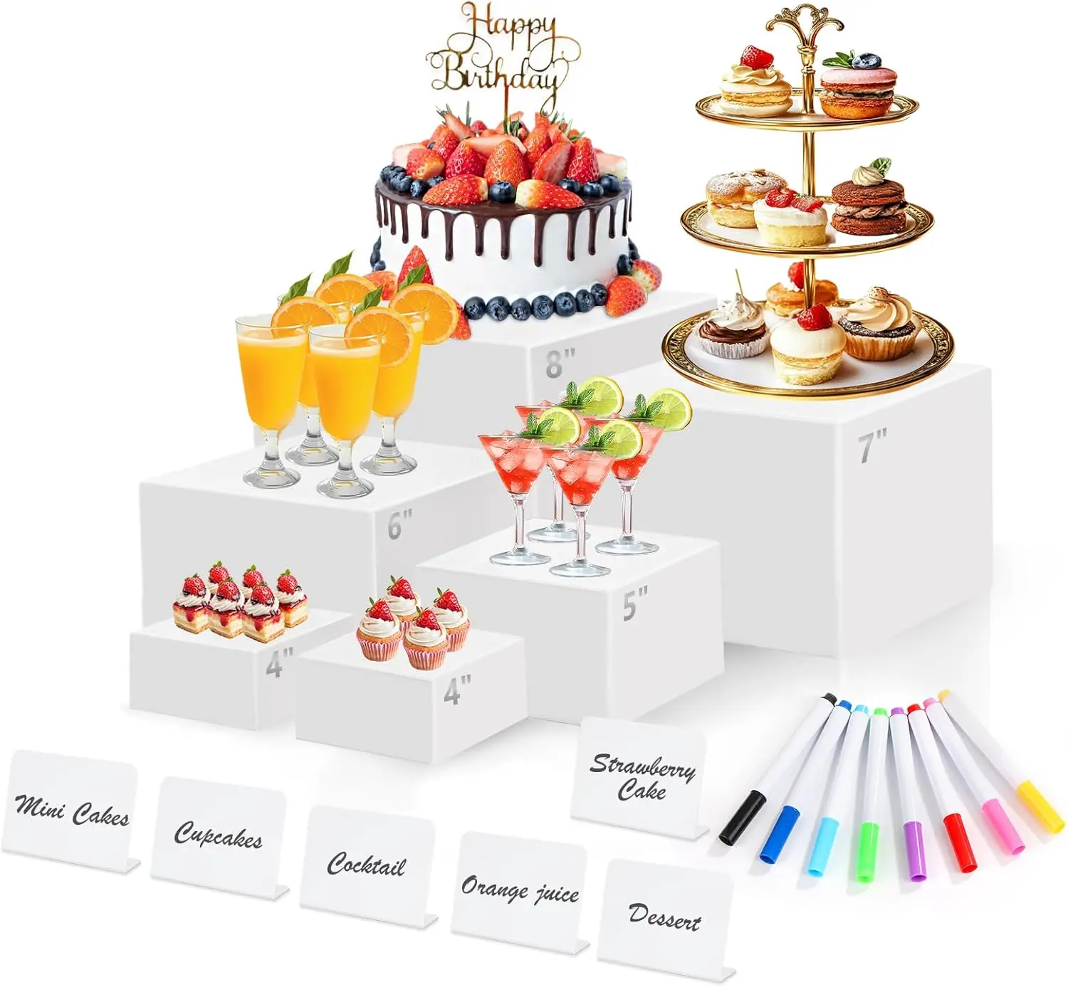 6PCS White Acrylic Buffet Risers with Mini Sign and Maker, Food Display Stands for Buffet Table Party Catering Dessert Jewelry Collectibles,Nesting Cube Boxes with Hollow Bottoms