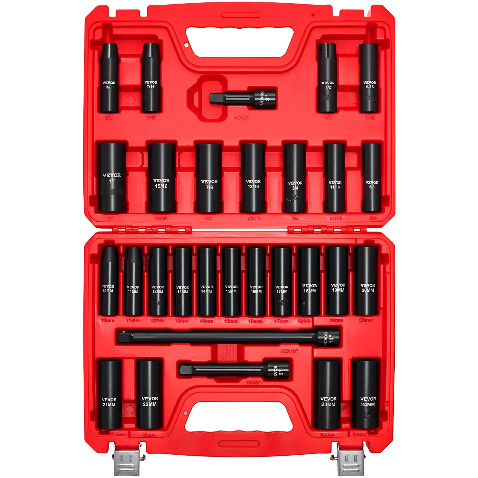 【Summerfinds】VEVOR 1/2 in Drive Impact Socket Set29 Piece6 Point Deep Impact SocketsSAE (3/8 to 1 inch) and Metric (10 to 24 mm) Sizes with Extension Bars (3510 in)Cr-V SteelHeavy Duty Carrying Case, Fathersday, 29 Pcs, 1/2 In Drive Impact Socket Se