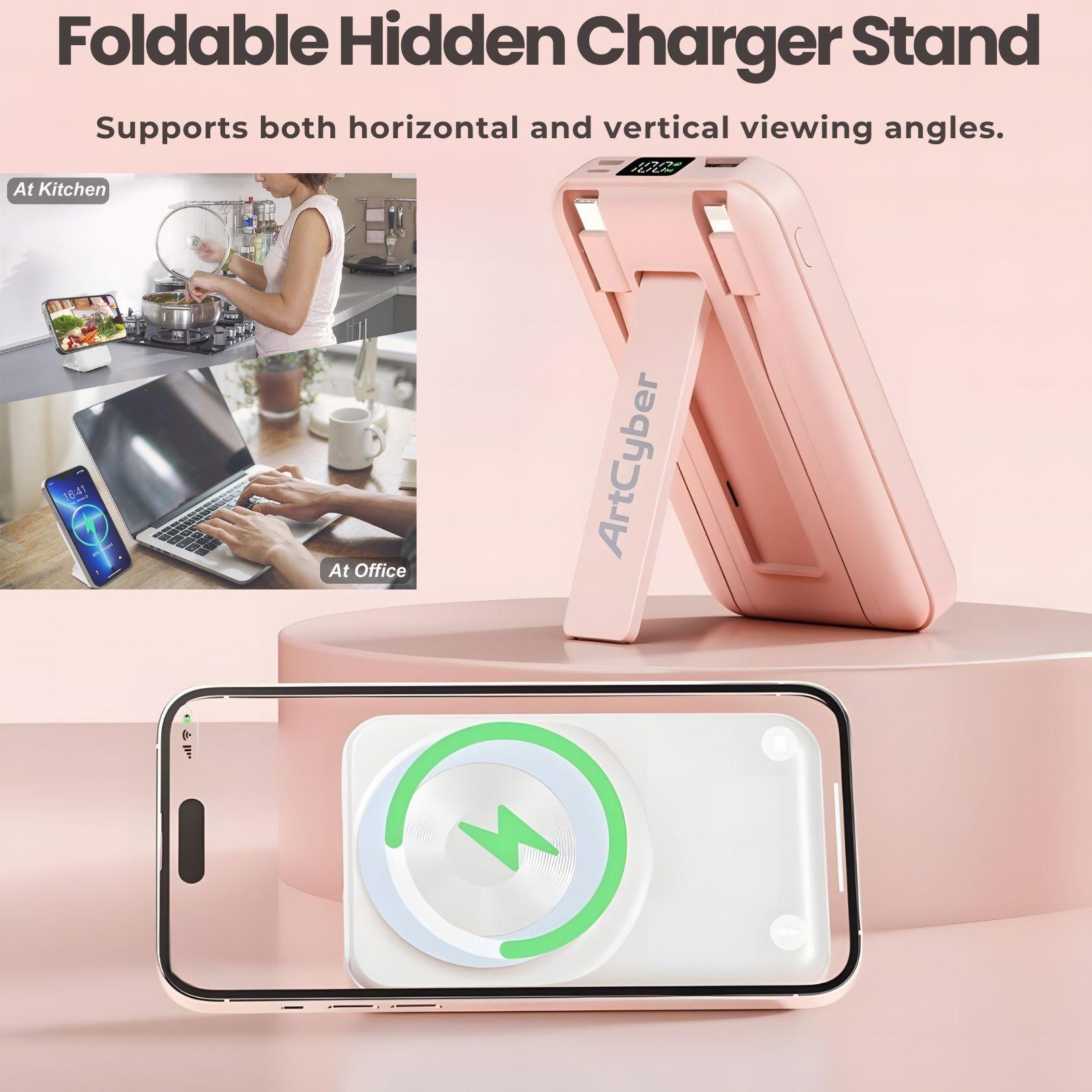 ARTCYBER Foldable Magnetic 10000mAh Power Bank with Hidden Stand & Built-In Dual Cables, Supports Charging Up to 5 Devices, Up to 22.5W Wired & 15W Wireless Output (Actual Speed May Vary), LED Display, Compatible with iOS & Android