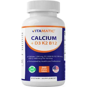 Vitamatic Calcium Supplement 1200mg with D3, K2 & B12, Immune & Bone Health Support - 365 Coated Tablets