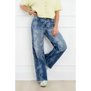 Daisy Print High Waist Wide Leg Jeans