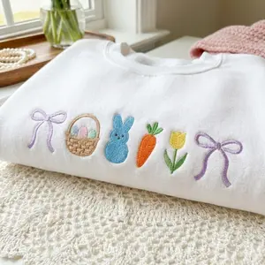 [Made in US] Embroidered Easter Coquette Bow Sweatshirt T-shirt Hoodie, Pastel Bunny Eggs With Bow Shirt, Easter Day Crewneck, Spring Easter Outfit, Gift for her