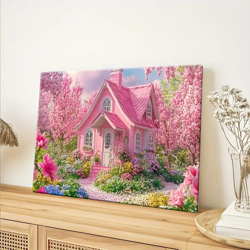 [Artistic Framed Canvas Print] Home Supplies - Charming Blush Pink Cottage with Blooming Flowers, Pastel Colors, Classic Wooden Border, Custom Size Decoration for Living Room, Bedroom