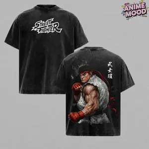 Ryu Rage Form Tee, Street Fighter Anime Vintage Acid Washed, hadouken power burst artwork, intense fighter aura, oversized heavyweight cotton, retro streetwear