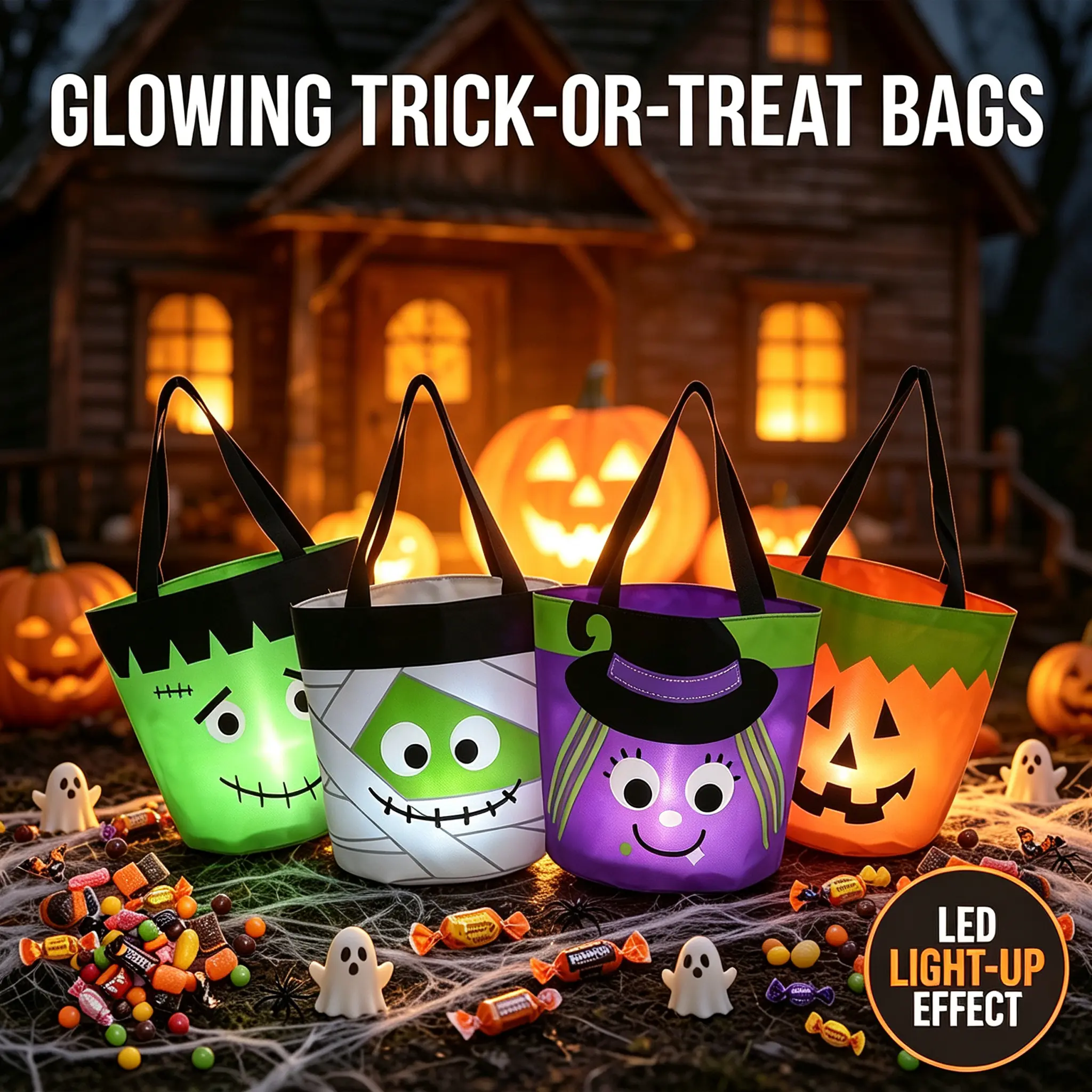 Magical LED Light-Up Halloween Candy Bags - Reusable Kids Tote Bucket, Festive Party Goodie Bags for Trick-or-Treating (with Light-Up Effect)