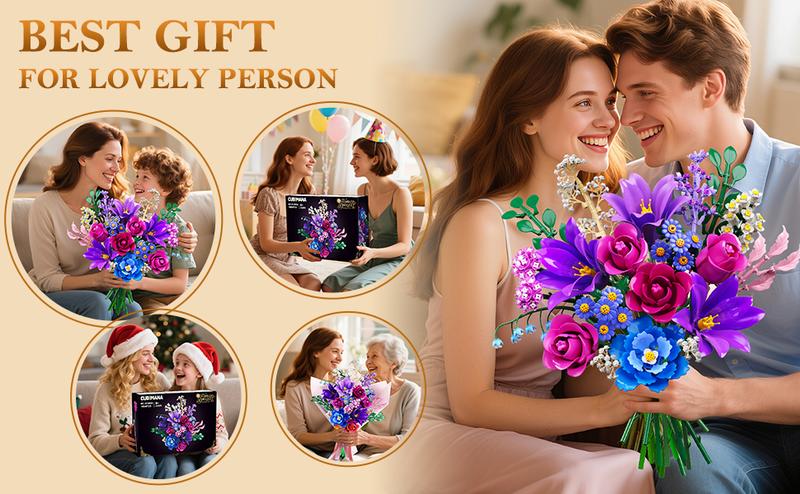 Valentines Flowers Bouquet Building Set with LED Light, 21 Flower Botanical Collection Block Toy, Rose Lily Home Plant Decor 1054PCS, Gifts for Her Adults Women Mom Kids Girls 12+