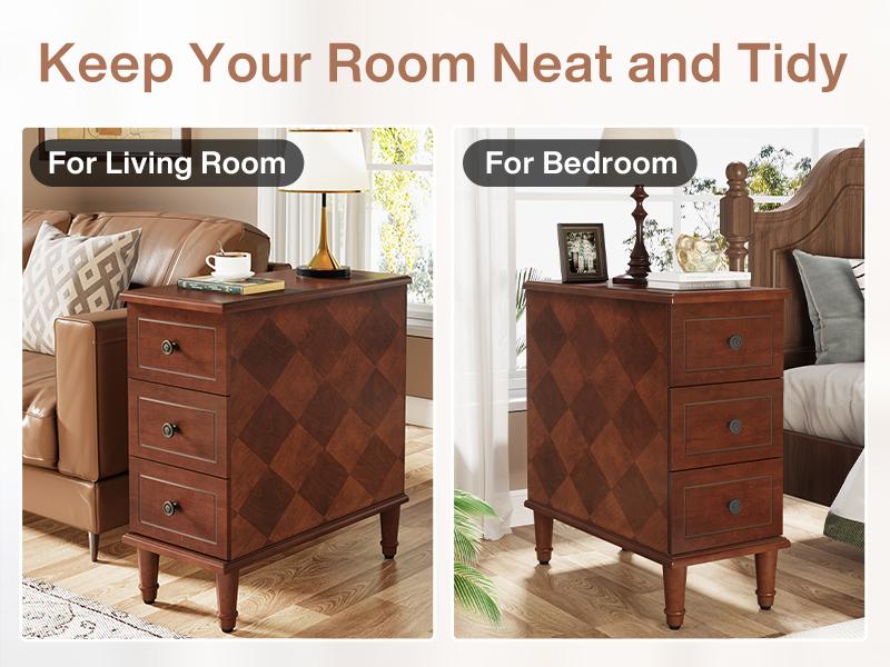 LITTLE TREE Solid Wood End Table, Fully Assembled Narrow Side Table with Drawers, Pre-Assembled Nightstand Slim Bedside Table for Small Spaces, Living Room, Bedroom, Brown LITTLE TREE Solid Wood End Table, Fully Assembled Narrow Side Table with Drawers, Pre-Assembled Nightstand Slim Bedside Table for Small Spaces, Living Room, Bedroom, Brown