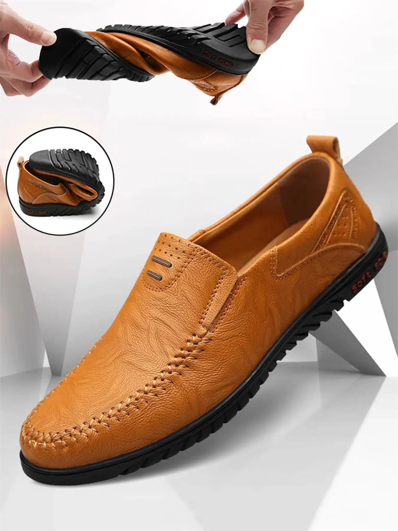 Men's Handmade Fashion Slip On Flat Loafers, Round Toe Shoe, Casual Business Leather Shoes, Moccasin Style, Lightweight Comfortable Retro Design, All Seasons Wear, Pu Leather Footwear
