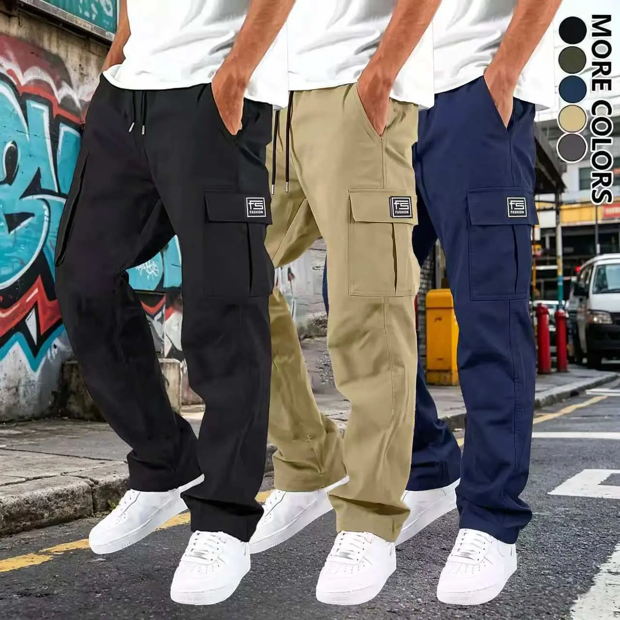 Men’s cargo pants - men’s solid-color work trousers made from durable polyester fabric, straight loose fit, multi-pocket design, wrinkle-resistant, versatile casual long pants for all seasons. Summer vibe