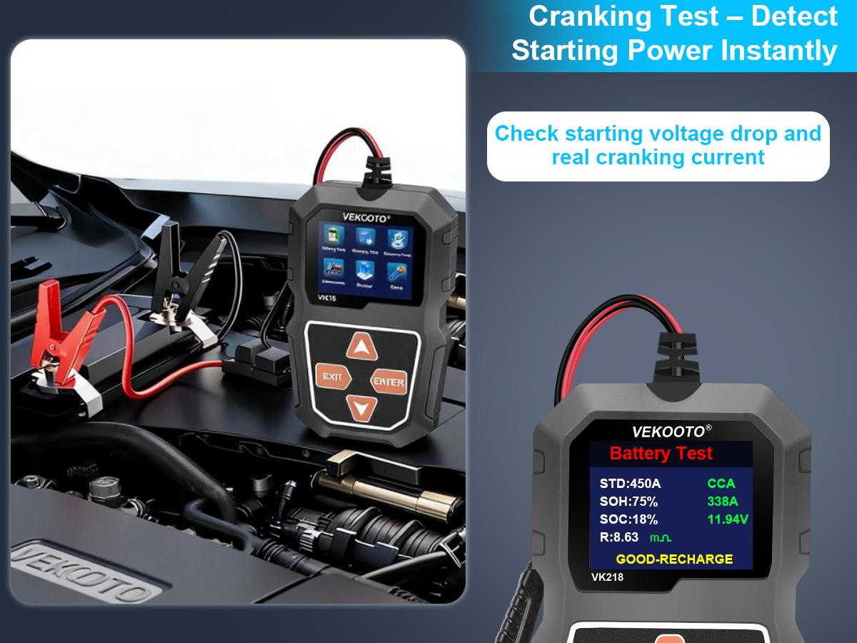 VEKOOTO VK218 12V Car Battery Tester, Battery Load Tester Automotive 12V Alternator Starter Tester Digital Auto Battery Analyzer Charging Cranking System Tester for Car Truck Marine Motorcycle Boat