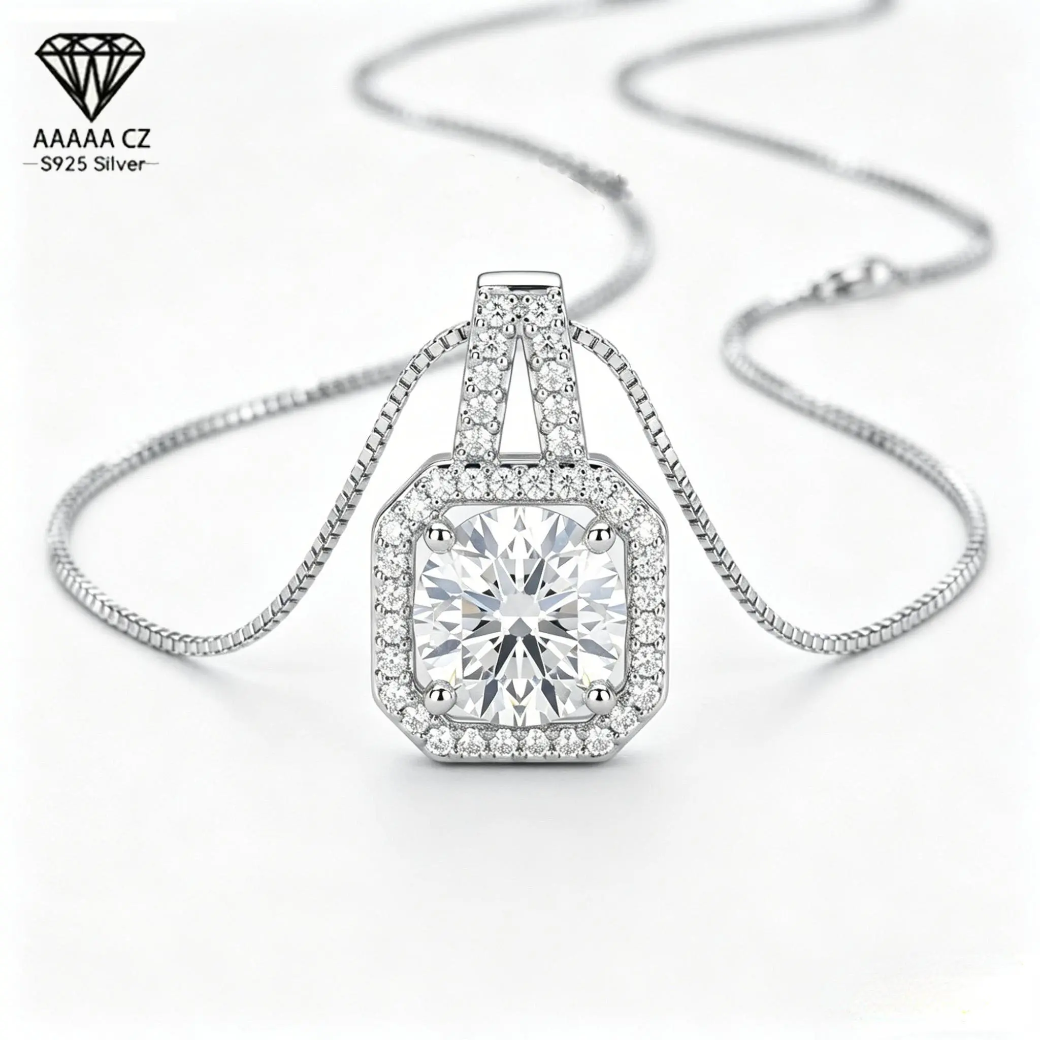 Geometric Square Pendant Necklace, Silver Plated Cubic Zirconia with Bezel Setting, Minimalist 45cm Box Chain for Women, Casual Everyday Jewelry, Crystal Necklaces, 17.7 Inches