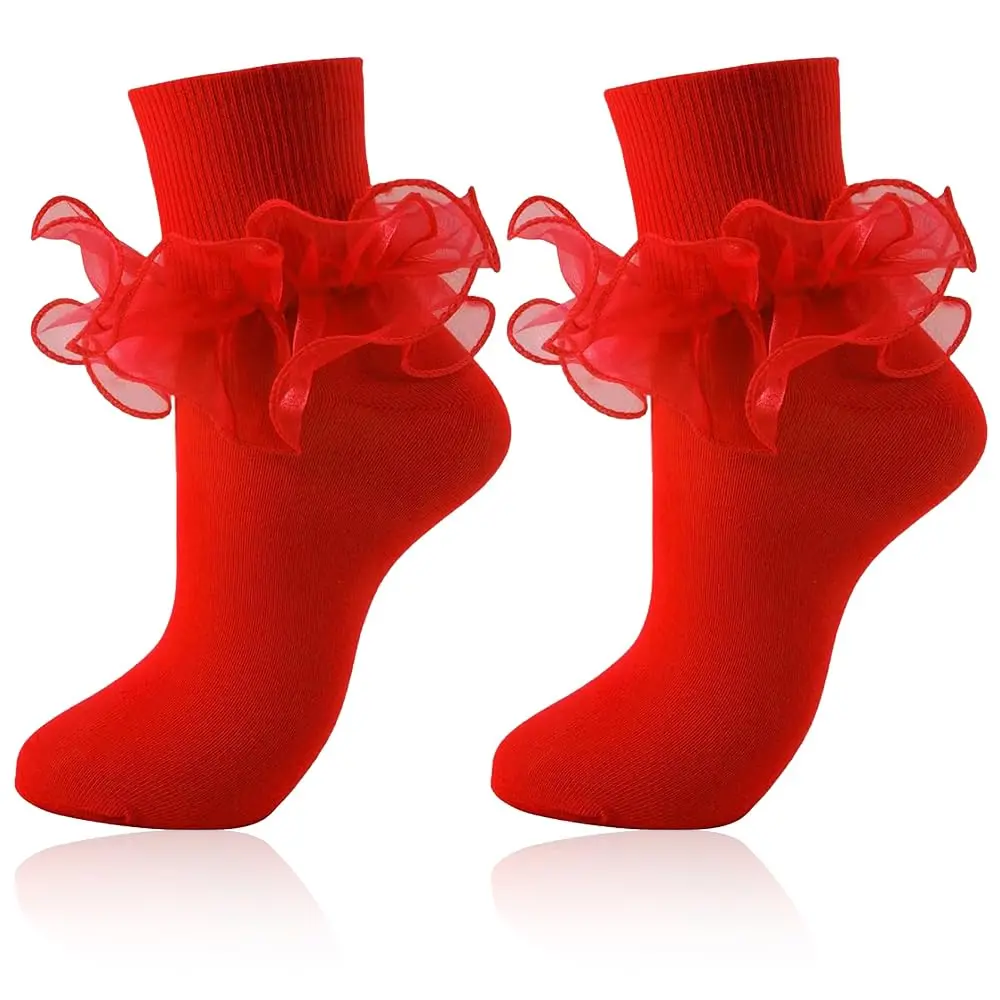 Women's Teenager Double-Lace Ruffle Socks, Breathable Cotton-Blend Turn-Cuff Ankle Dress Socks, Stretchy Frilly Socks for Mary Janes and Everyday Wear, 2 Pairs