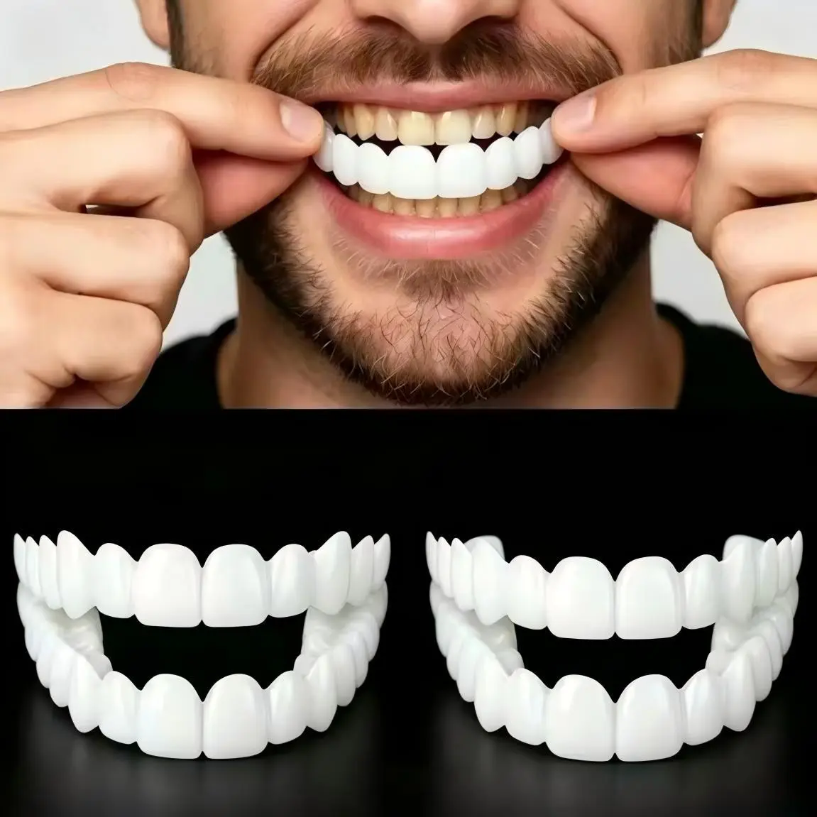 Oral Cosmetic Snap-On Smile False Teeth Set - 2-Pair Polypropylene Instant Veneers, Silicone Daily Whitening Covers, Clip-In Top & Bottom Dentures for Stain Coverage