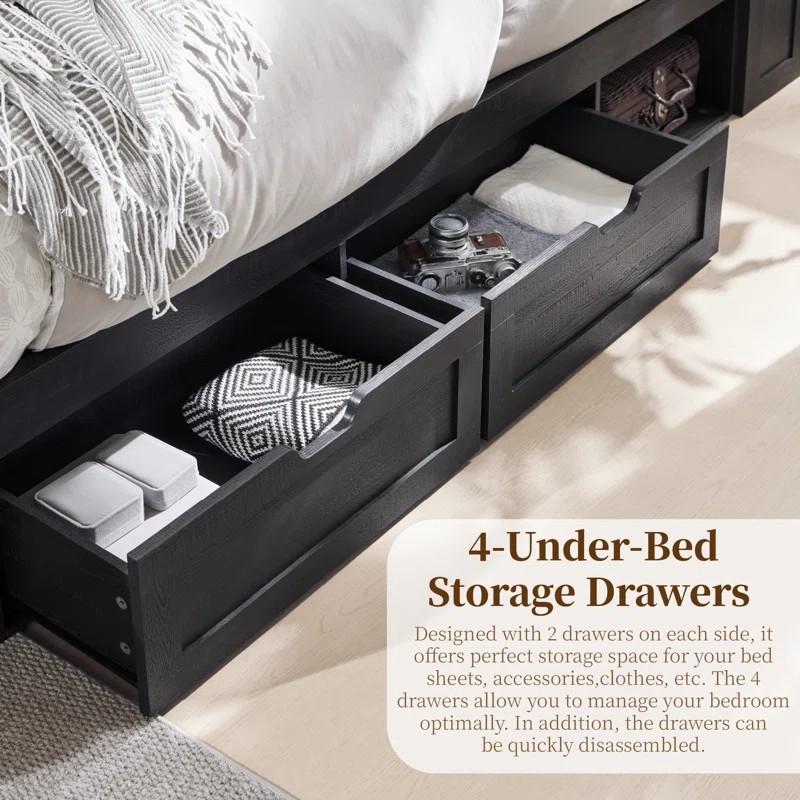 LINGMU Modern King Size Storage Bed Frame with 52” Tall Headboard, Noise-Free Slat Support, 4 Drawers & 2 Cabinets, Black