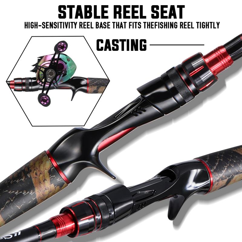 Sougayilang casting rod and reel combo set, featuring an IM6 carbon two-piece rod blank, stainless steel guides with ceramic inserts, ergonomic EVA handle and butt, available in split or one-piece rear handle designs, and six models to choose from.