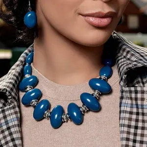 Navy Necklace Ser with Bold Blue Beads and Silver Accents for Stylish Outfits