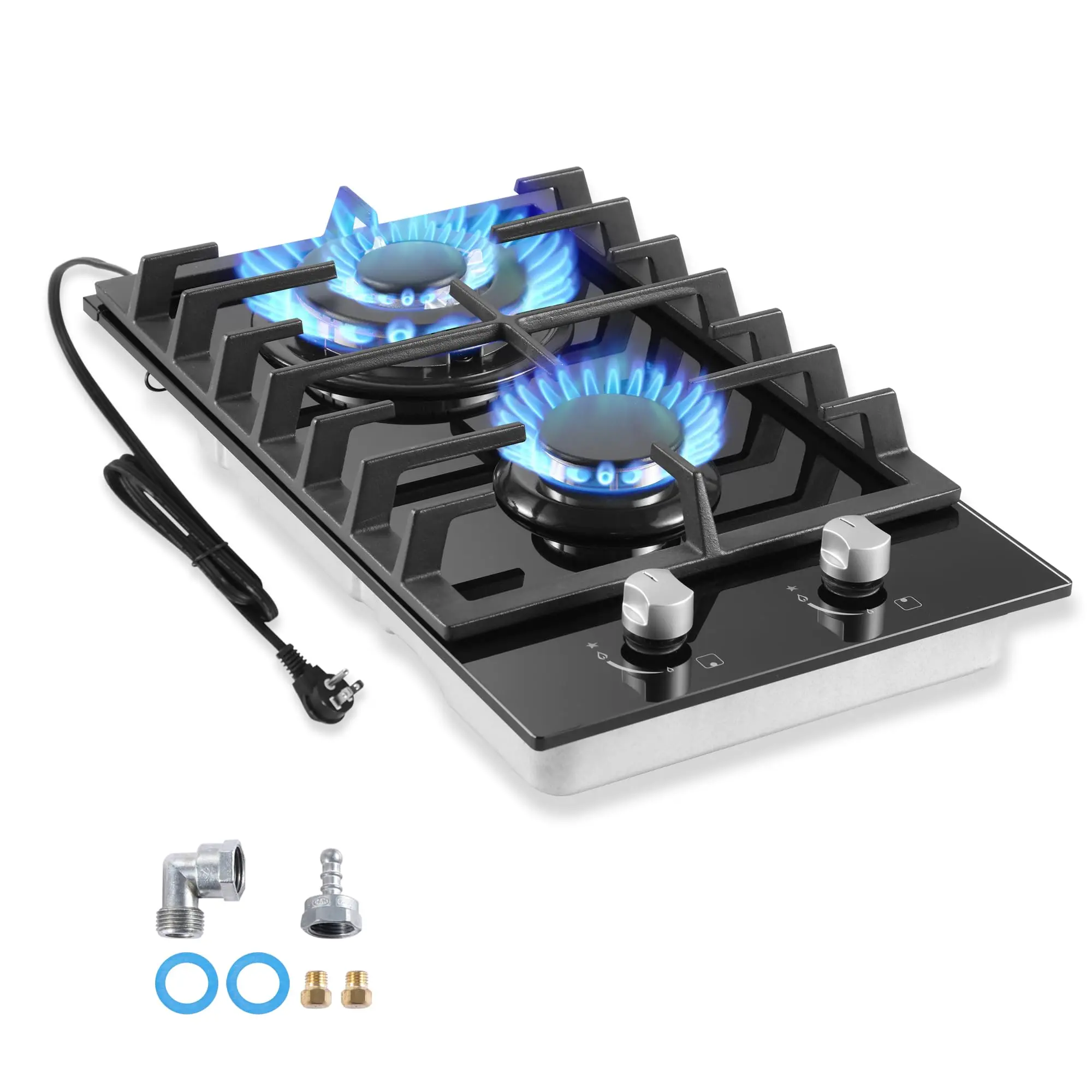 Safety Shut-off 2 Burner Gas Cooktop Dual Fuel LPG NG 12 Inch Built-in Tempered Glass Easy-Clean Hob Stove for Home Commercial Kitchen Convertible High Efficiency Convertible Dual-Burner Gas Cooktop Portable Gas Cooker Natural Gas