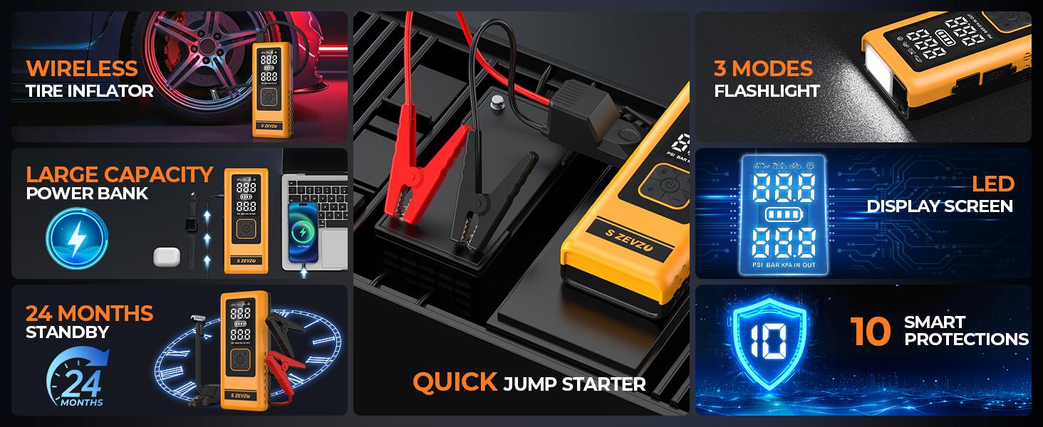 14000mAh Ultra-Safe Jump Starter with 150 PSI Air Compressor 45W Fast Charging Tire Pressure Check LED Light Jumper Cables Air Hose Storage Bag 4-in-1 Charging Cable