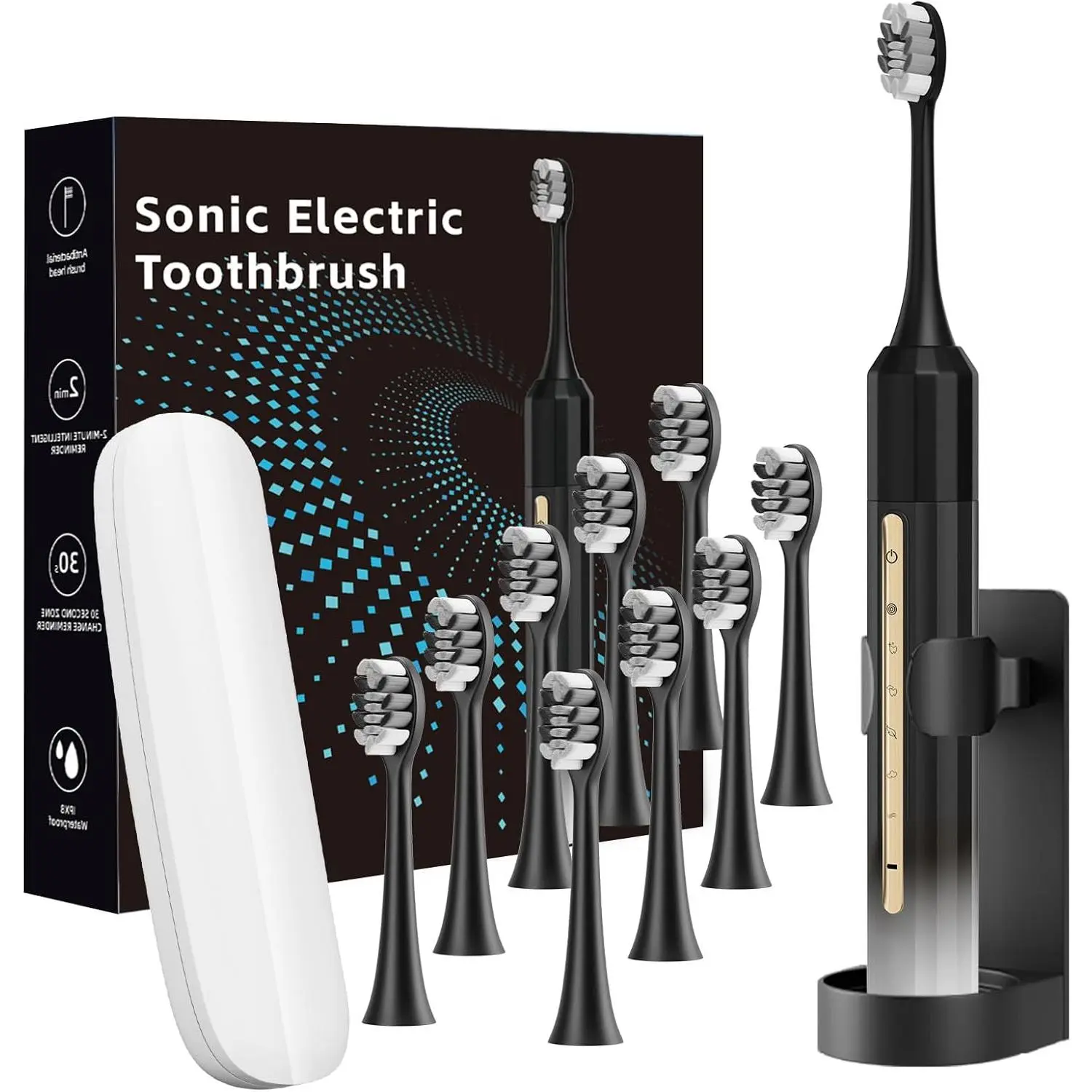 Rechargeable Sonic Electric Toothbrush for Adults & Kids, 5 Modes with Brushing Timer, 10 Brush Heads, 30-Day Single Charge, IPX8 Waterproof, Plaque Removal Oral Care (Black, White)