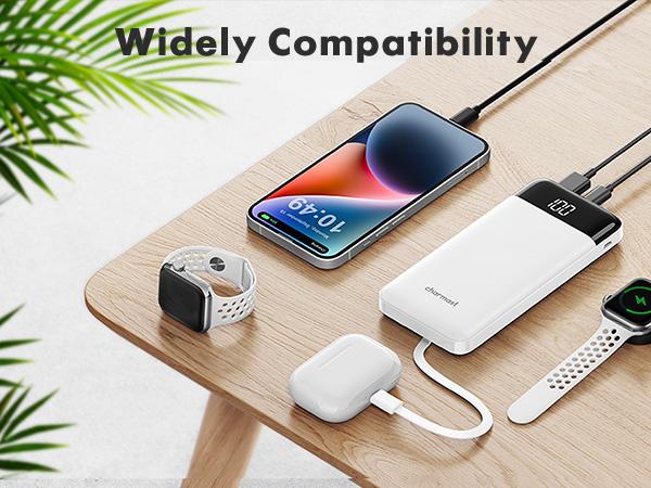 Charmast 10000mAh Portable Charger with Built-in Cables, Slim Power Bank with 6 Outputs & 3 Inputs, 6A Fast Charging Travel Battery Pack for Phones and Tablets