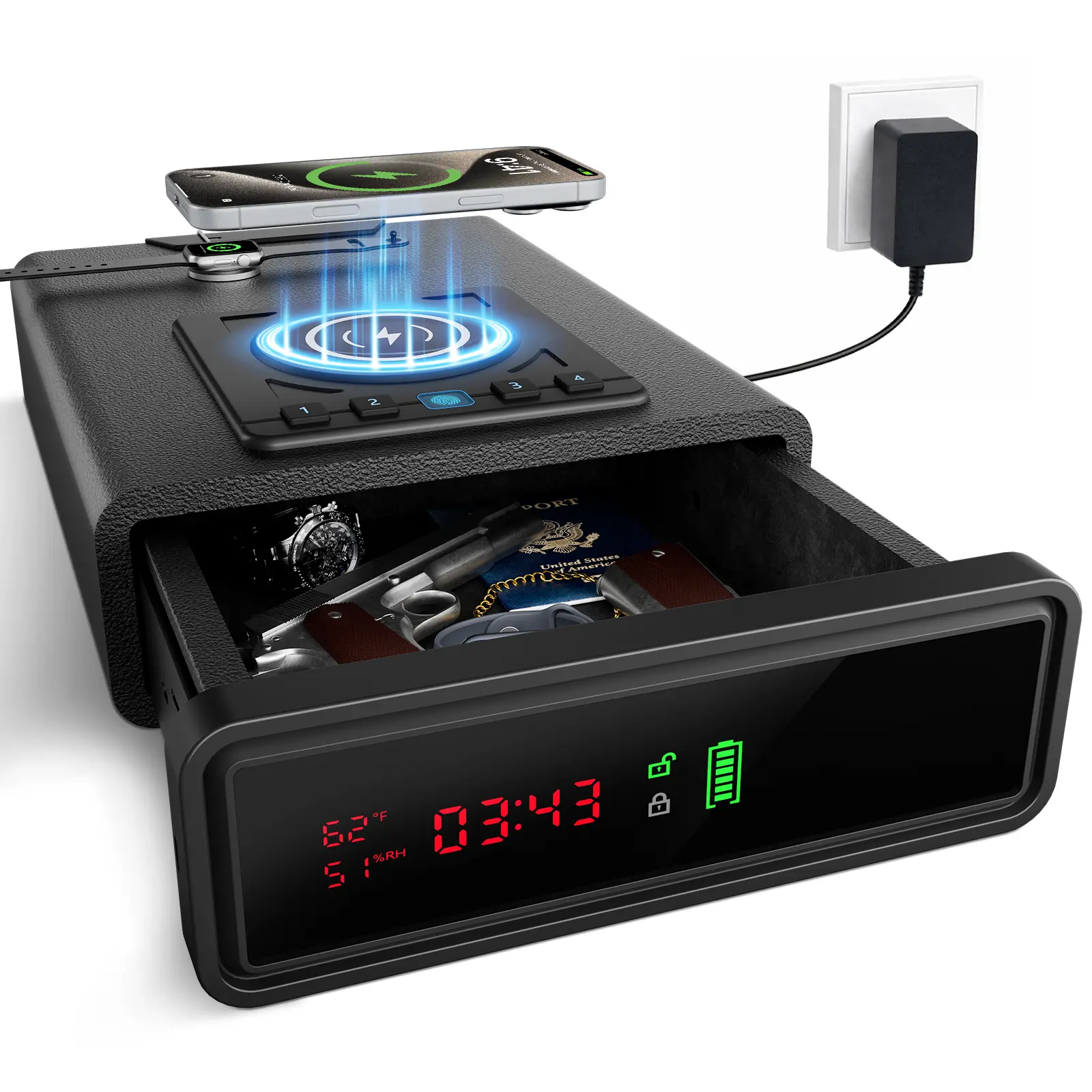All-Feature Compact Bedside Handgun Safe: Wireless Charging, Fingerprint Fast Access, Backlit Keypad, LED Light & Always-Lit Clock Biometric Quick Gun