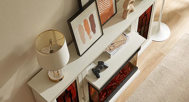 59 Inch LED TV Stand with 3-Side Glass Fireplace, Modern Media Entertainment Center Console Table for TVs up to 65 Inch with Adjustable Flame & LED Color, 24’’ Fireplace, Highboy, White