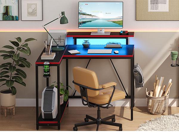 Pinmoco 42" Reversible L-Shaped Gaming Desk with Monitor Stand LED Lights & Headset Hooks for Home Office