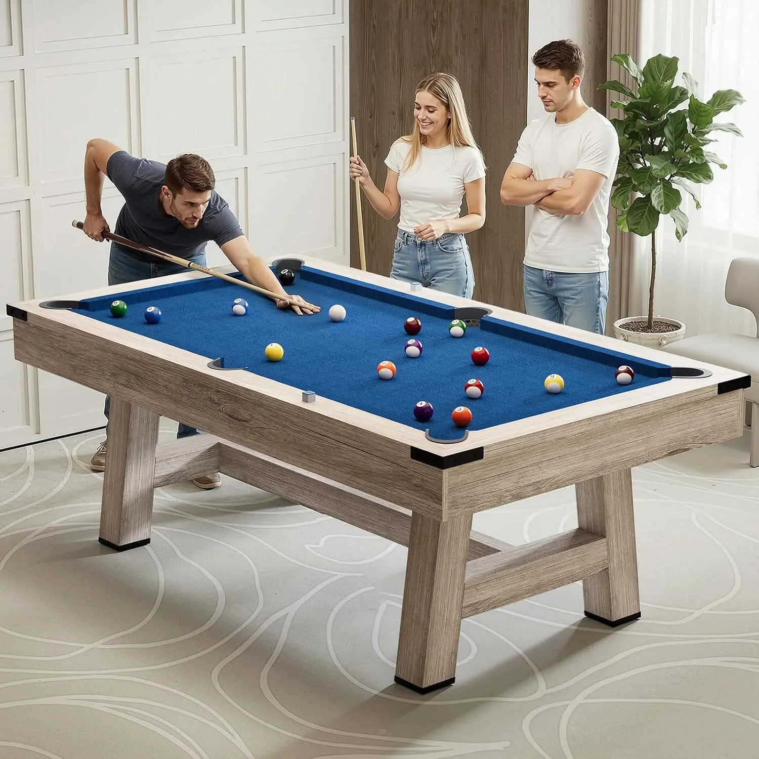 7FT Pool Table with Wood Finish Billiard Tables with Cue Sticks Balls Triangle Rack Felt Brush and Chalk Professional Style Billiards Game Room Table Set for Adults & Family