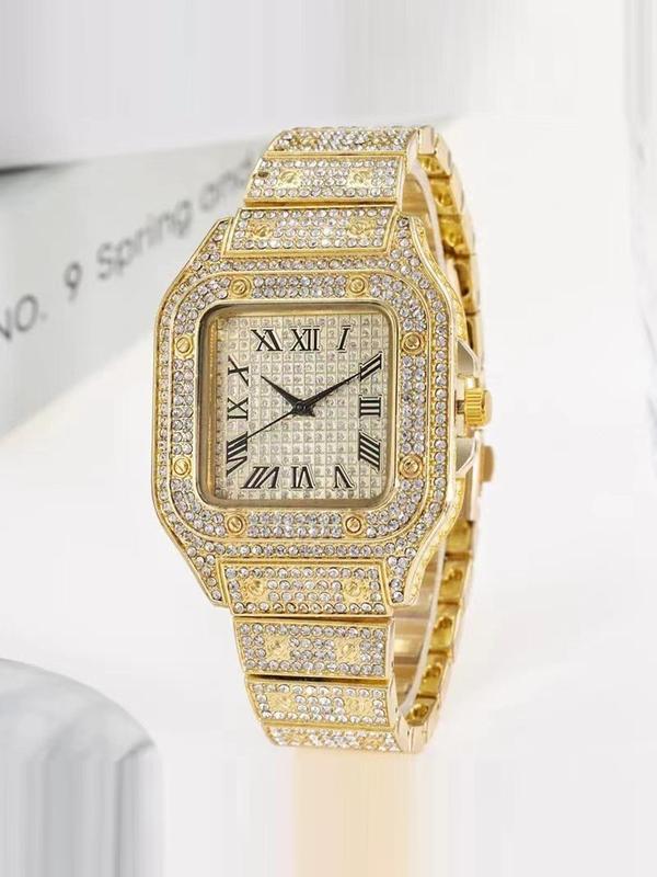 A square-shaped men's quartz watch featuring a starry sky design on the dial, stainless steel strap, diamond embellishments, and Roman numerals, Diamond Wrist Watch