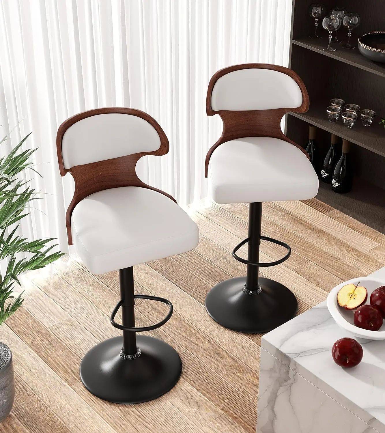 Modern Swivel Bar Stools Set of 2, Mid Century Adjustable Height Counter Stools with Bentwood Backrest, PU Leather Upholstered Kitchen Island Chairs with Footrest
