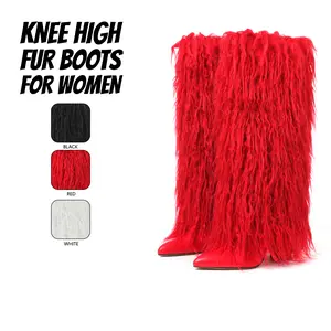 Womens Knee High Fur Boots Pointed Toe Chunky Block Heel Warm Cozy Fashion Side Zipper Easy Pull On For party Work Outdoor Events Date Plush Boots