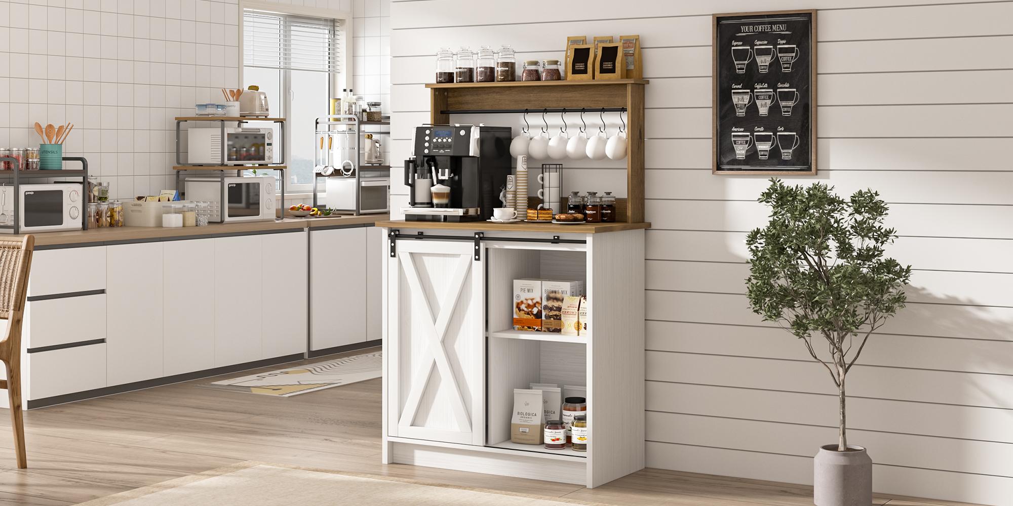 HOMBCK Farmhouse Coffee Bar Cabinet, Sideboard Buffet Cabinet with Storage and Shelf