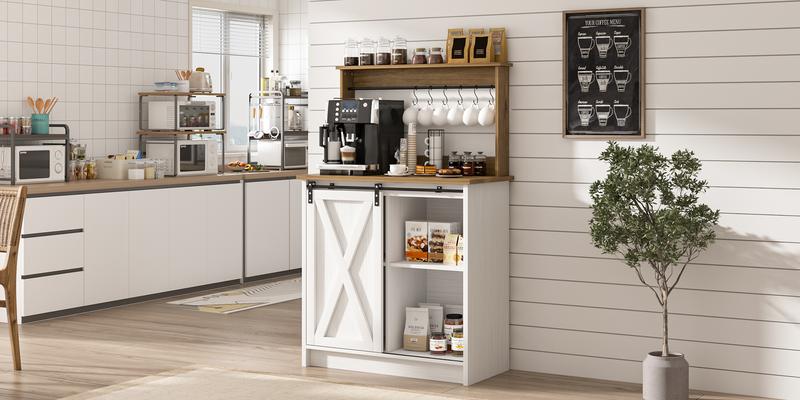 HOMBCK Farmhouse Coffee Bar Cabinet, Sideboard Buffet Cabinet with Storage and Shelf