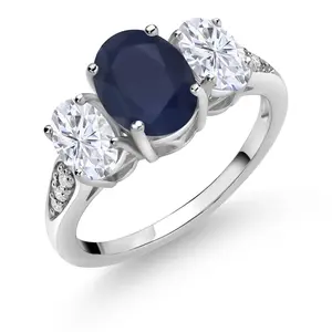Gem Stone King 10K White Gold 3-Stone Oval Engagement Ring for Women | Gemstone Birthstone Moissanite & Lab Grown Diamond | 8X6MM 6X4MM | Wedding Anniversary Ring