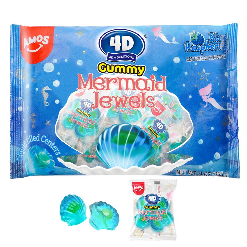 Amos 4D Gummy Mermaid Jewels - Blue Raspberry Flavor, Jelly-Filled Chewy Fruit Snacks, Gluten-Free, Resealable Bags, Healthy Exotic Sweet Treats - Bite