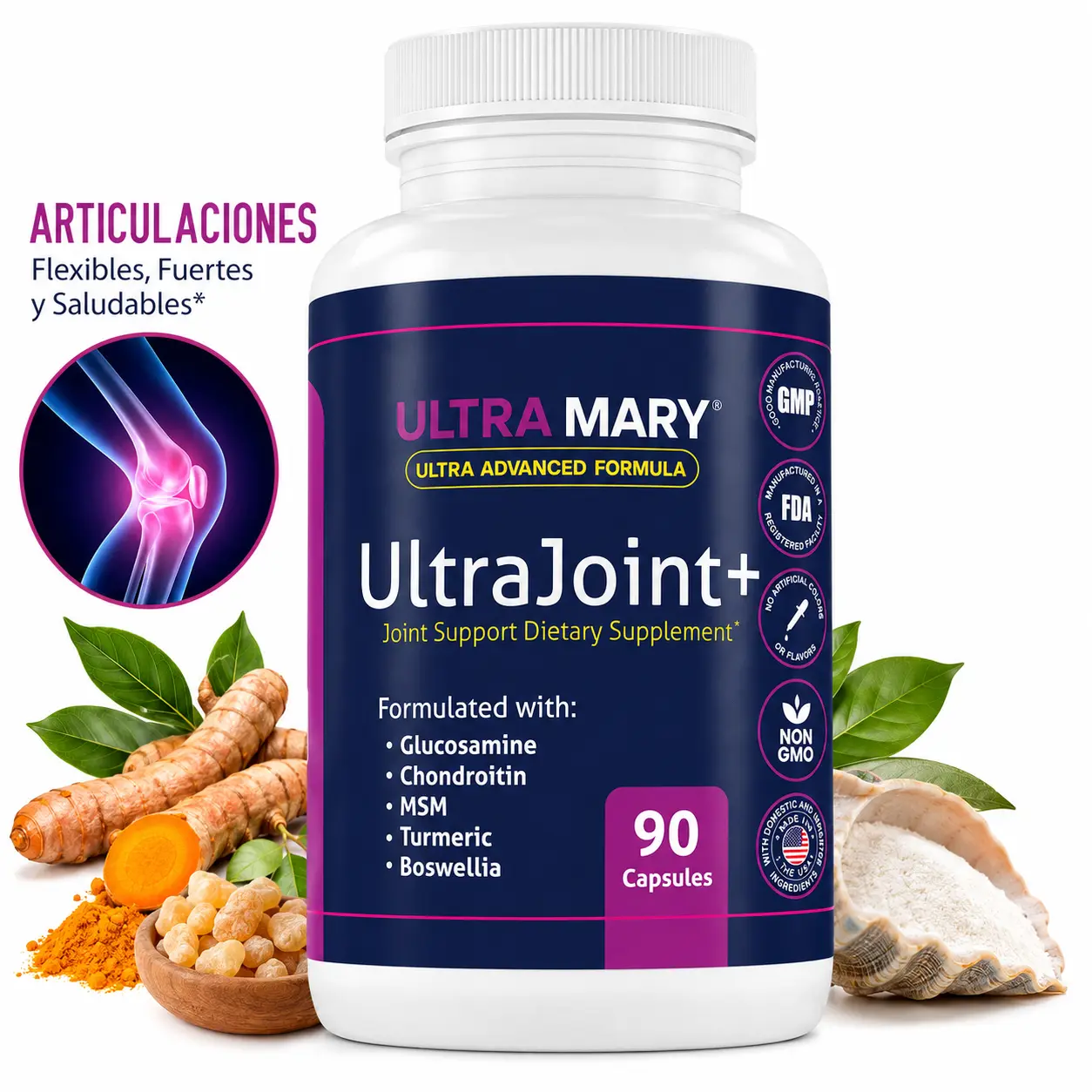 Ultra Mary Advanced Joint Formula, 90 Caps-1500mg Per Serving(ARTICULACIONES) - Glucosamine, Chondroitin, MSM,Indian Frankincense,Turmeric & Bromelain Complex - Support for Cartilage, Mobility & Flexibility - Authentic Gold Quality