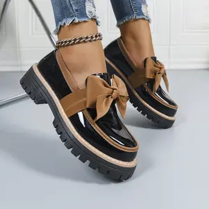 Women's Platform Loafers Bow Patent Leather Chunky Lug Sole Slip On Shoes Fashion Casual Preppy Style Comfort Round Toe Dress Loafers Trendy Thick Sole Work Office School Shoes Cute Aesthetic Platform Shoes for Women