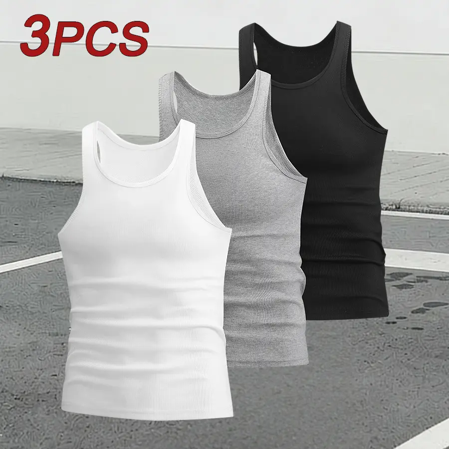 3-Pack Men’s Compression Fitness Tank Tops – High Elasticity, Lightweight & Breathable Fabric, Moisture-Wicking Sports Vest, Slimming Base Layer – Polyester & Spandex Blend – Skin-Friendly Material