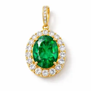 Lily Crystal True 18k Gold Setting Pendant, Set with Moissanite Diamonds and with Emerald Gemstone, Each one is Different, Picked in Live Directly