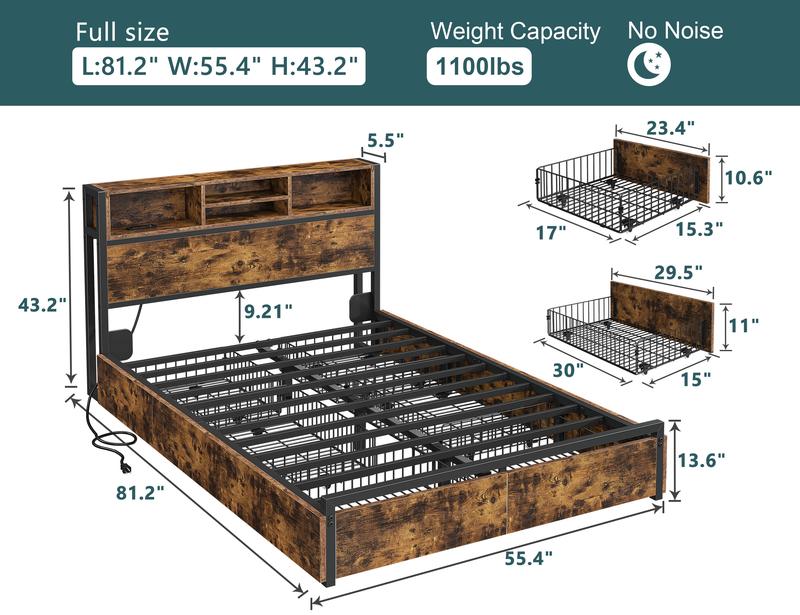 Raybee 6 Drawers Wood Bed Frames for King Queen Full, Luxury Platform Bed Frame with Storage Head Board & Build-in Power Outlet, Holds up to 1000lbs with Metal Frame & Slats, Noise Free, Space Saving for Bedroom