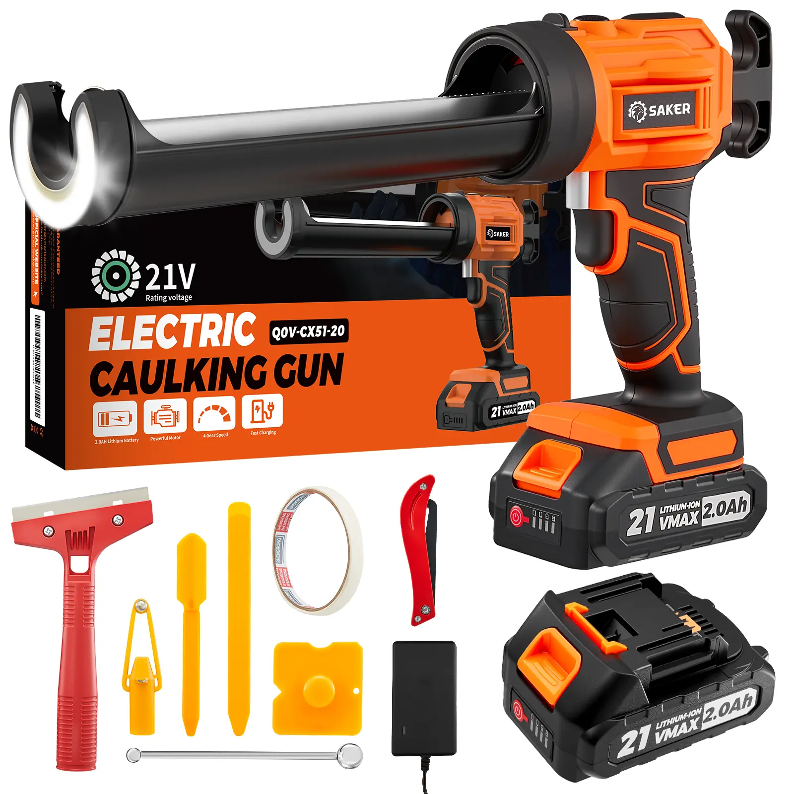 Saker Cordless Electric Caulking Gun - Drip-Free, 4 Adjustable Speeds, LED Light, 10oz/300ml Capacity, Included Caulking Tools, 2 Batteries for Kitchen & Bathroom Filling, Sealing