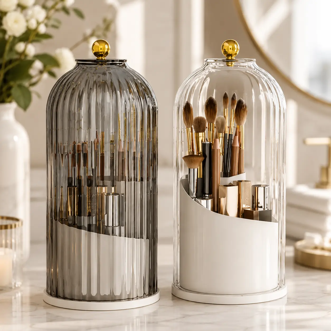 Transparent 360° Rotating Birdcage Design Makeup & Toothbrush Holder with Dustproof Cover - 1 Pack, 3 Slots, Countertop Bathroom Vanity Organizer, Home Storage Container, Valentine's Gift for Girlfriend, Transparent- 1 Pack, Birdcage Look