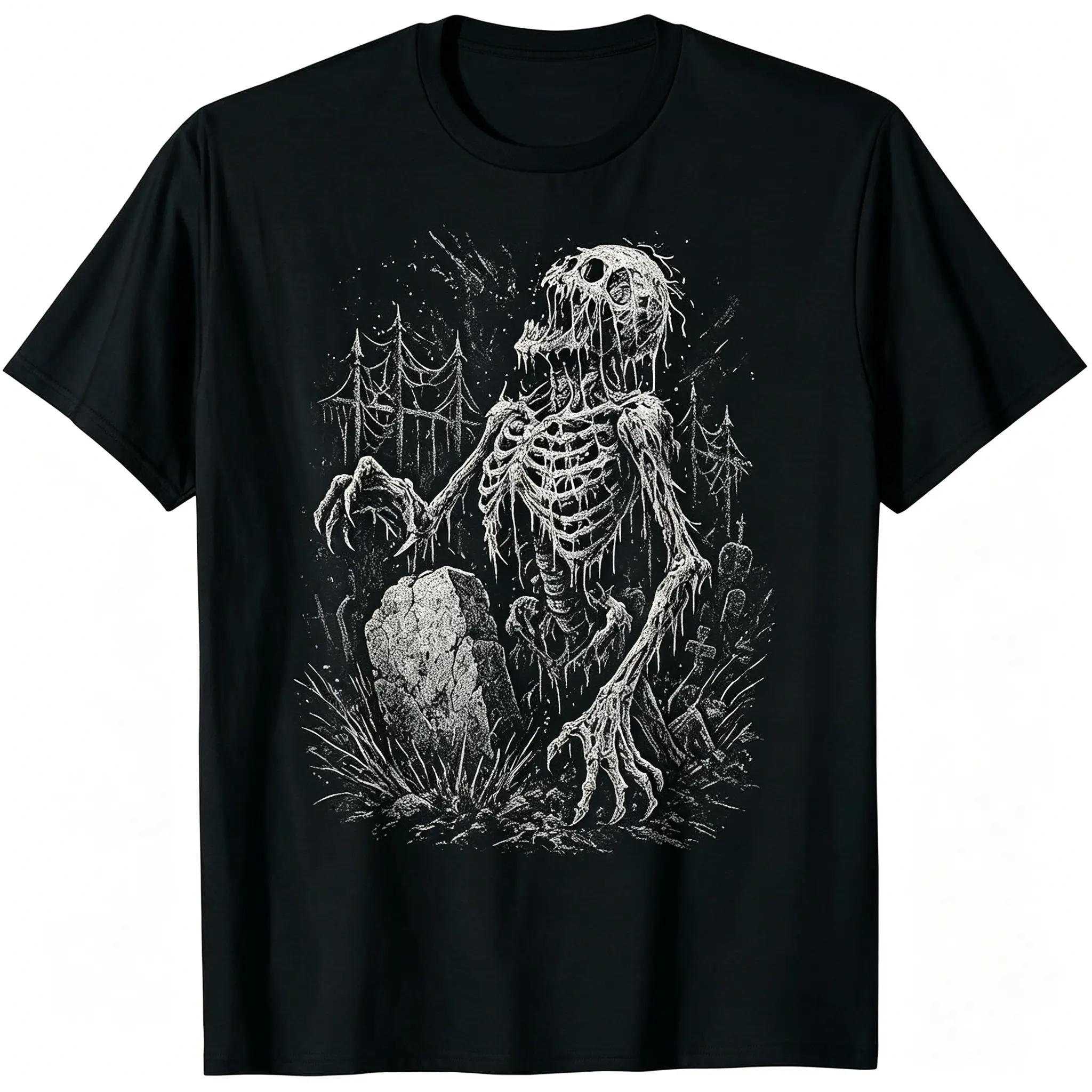 Men's Zombie Skeleton Undead Horror Graphic Menswear T-Shirt - Soft Gothic Heavy Metal Inspired, Short Sleeve Crew Neck, Graveyard Art Casual Tee for Halloween, Themed Events