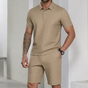 Men’s 2-Piece Waffle Polo Set – Textured Polo Shirt + Shorts, skin-friendly and comfortable, made from a cool, breathable fabric—an essential for vacations and everyday casual wear
